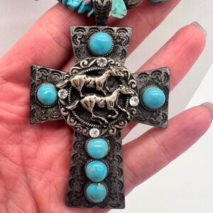 Chunky Turquoise Beaded Cross Necklace w/ Horses – Silver Tone Western Boho 20"